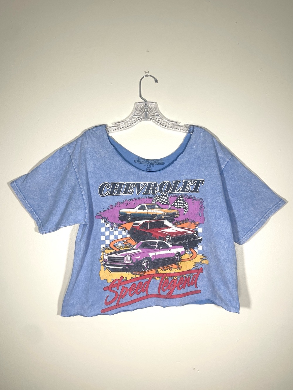 Chevrolet Speed Legend Cropped Graphic Tee Acid Wash Blue DIY Cutoff Vintage